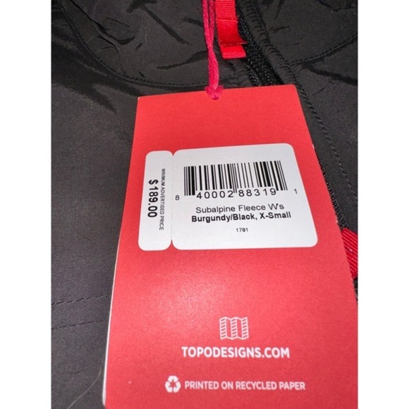 New Women's Topo Designs Subalpine Fleece Jacket XS burgundy & black‎ $189 - Picture 7 of 9